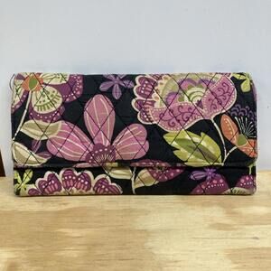 Vera Bradley Trifold Wallet Black Paisley Floral Print Quilted Cotton